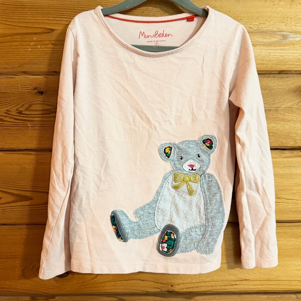 MINI BODEN Girls Bear Applique Long Sleeve Peach 7-8 Years Old